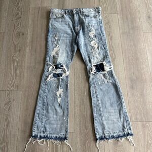 First Row Mens Blue Denim Distressed Mid Rise Grunge Flared Jeans Size 34/33